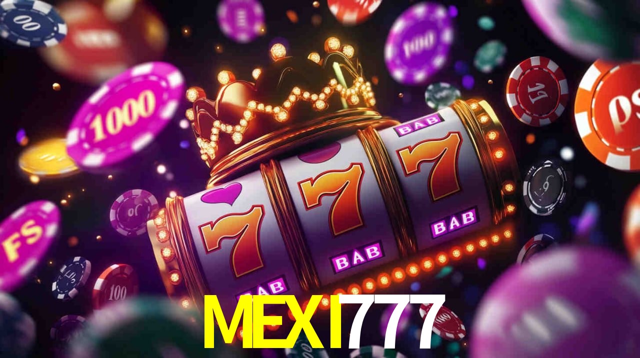Escena dinámica inspirada en casino con iluminación MEXI777, cartas, fichas e íconos de juegos digitales en un espacio moderno de juegos.
