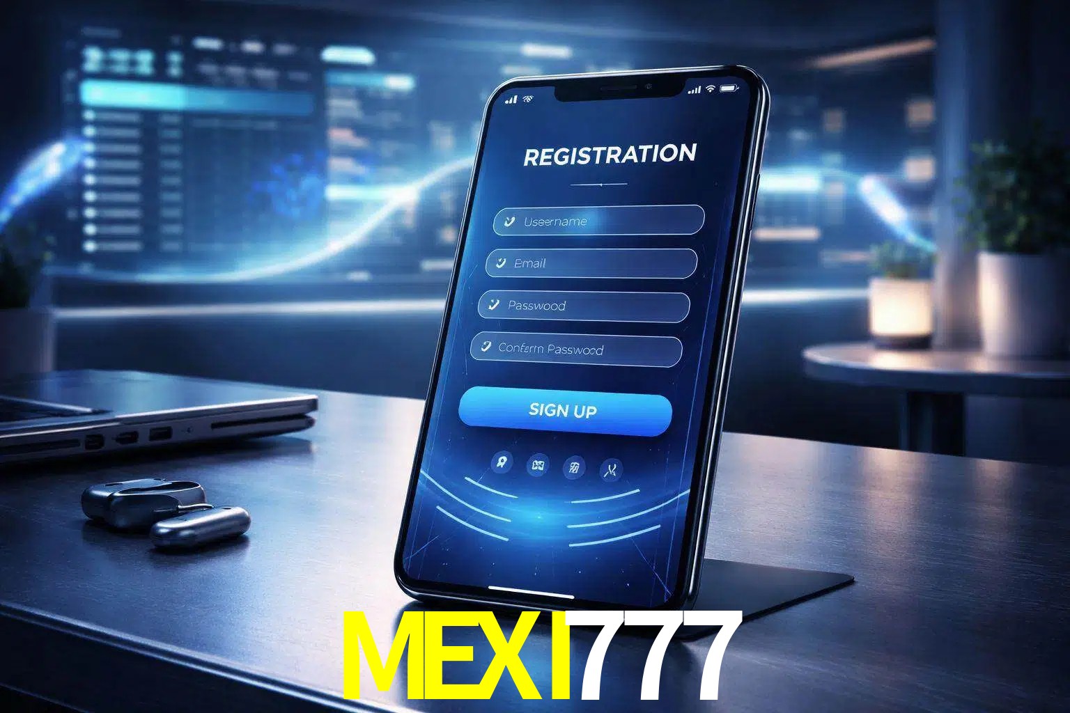 Una interfaz moderna de registro móvil para MEXI777 mostrada en un smartphone con un panel de apuestas elegante.